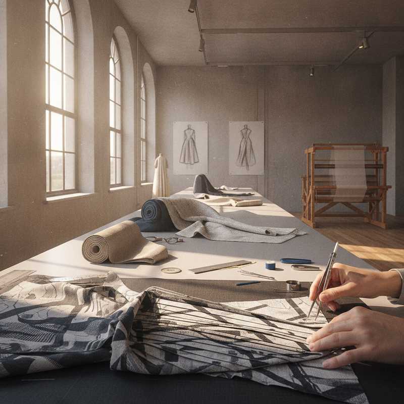 Atelier workspace showing detailed couture craftsmanship with fabric manipulation and technical tools representing Dutch design precision
