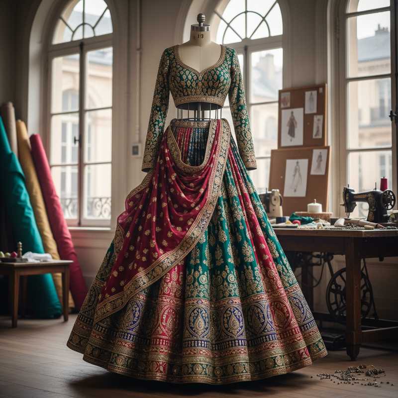 Luxurious Indian couture garment with intricate gold embroidery on jewel-toned silk displayed on dress form in Parisian atelier