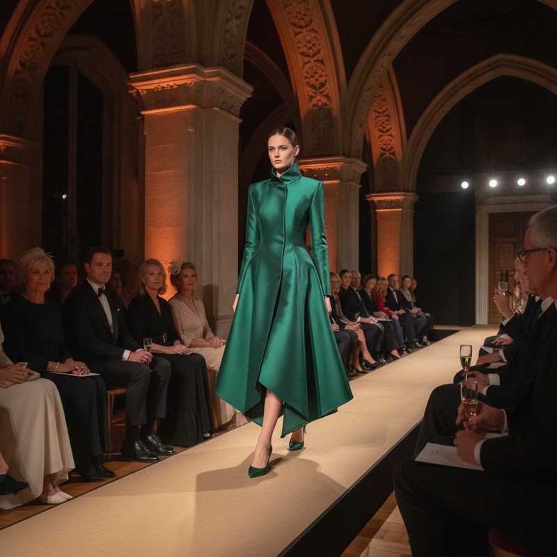 Model in sculptural emerald green couture coat on intimate Brussels runway during Natan 2026 collection preview