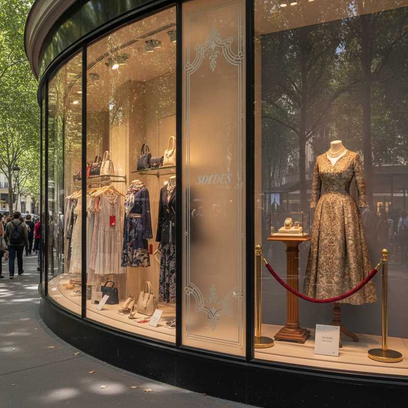 Elegant warenhuis etalage in Parijs met luxe mode tijdens zomersolden, tonend het contrast tussen kortingen en exclusieve stukken