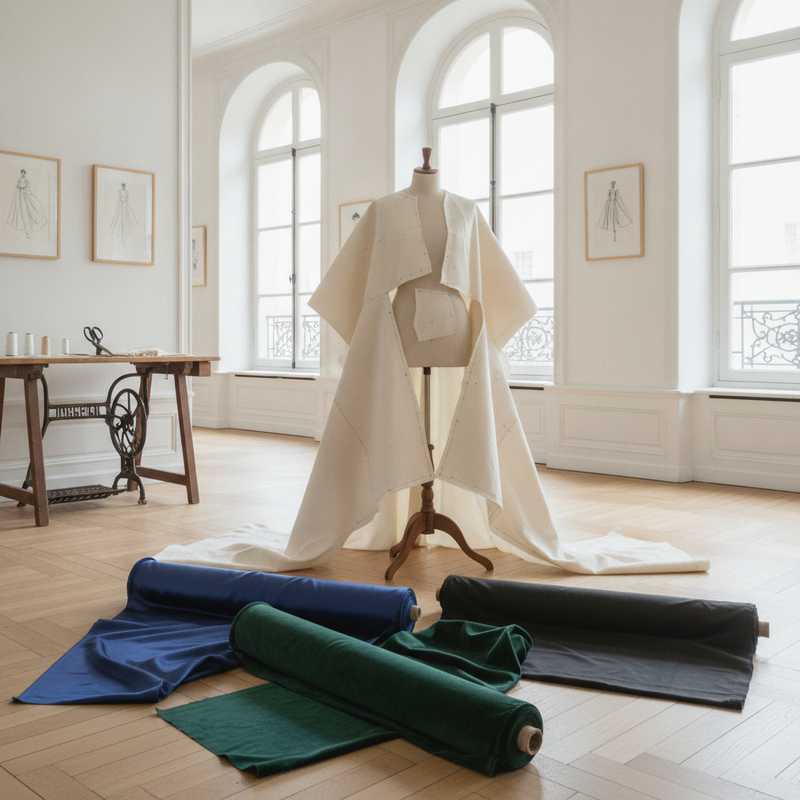Haute couture atelier met architecturale patronen en luxe stoffen ter voorbereiding op Balenciaga couture defilé