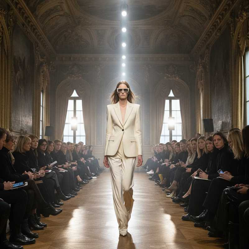 Fashion model walking Milan runway in tailored blazer during fashion week show in historic palazzo