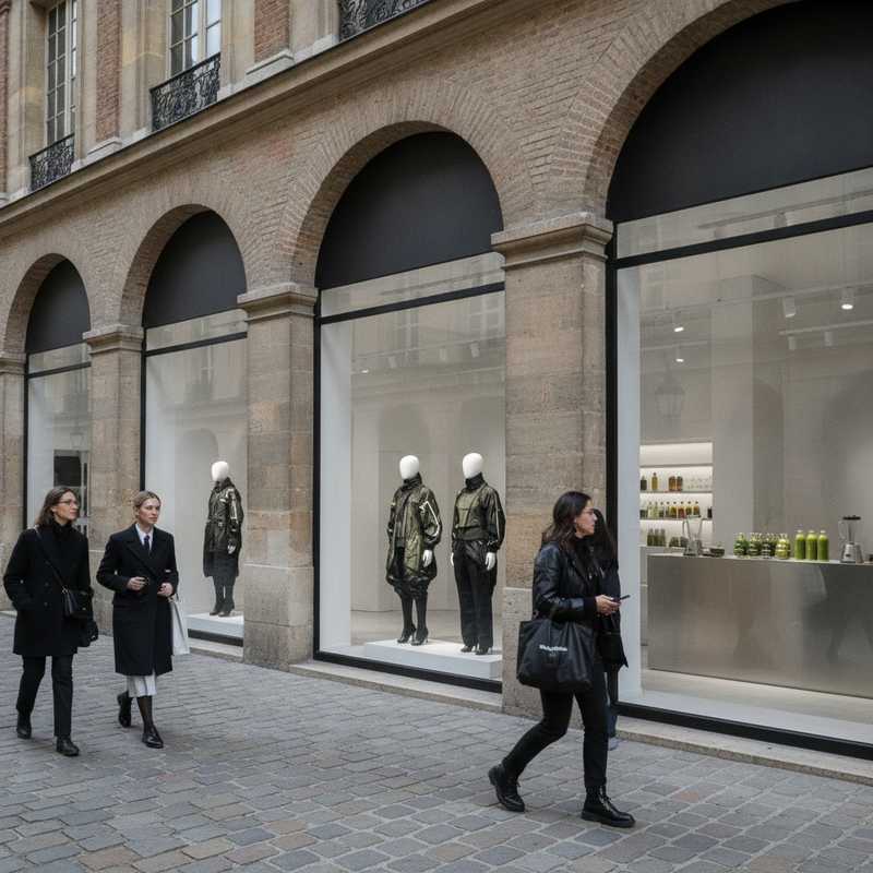 Balenciaga pop-up store in historic arcade on Place des Vosges in Paris showing technical fashion pieces and juice bar interior