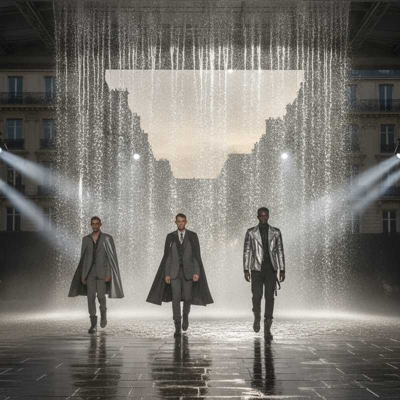 Fashion models walking on runway with large waterfall installation during Louis Vuitton Spring Summer 2027 menswear show in Paris