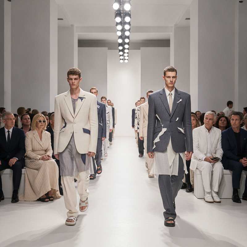 Fashion models walking Paris Fashion Week menswear runway in deconstructed tailored clothing with sculptural volumes