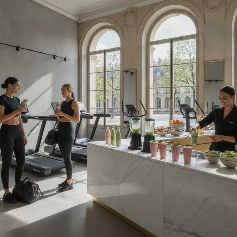 Interior of Balenciaga wellness pop-up bar with branded fitness equipment and premium smoothies on counter in Paris