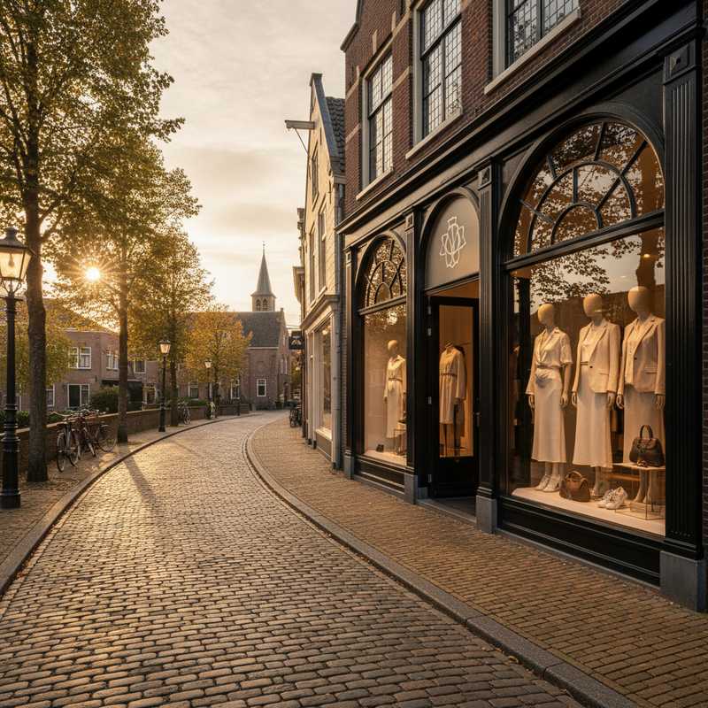 Elegant luxury fashion boutique storefront in affluent Dutch village setting with sophisticated window display
