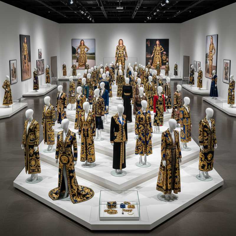 Museum exhibition displaying Gianni Versace archival clothing on mannequins with signature baroque prints and gold details