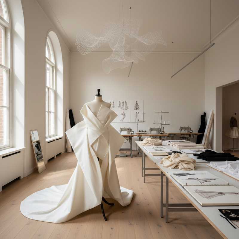 Haute couture atelier met sculpturale witte Viktor&Rolf-jurk op paspop in minimalistisch Nederlands ontwerpruimte