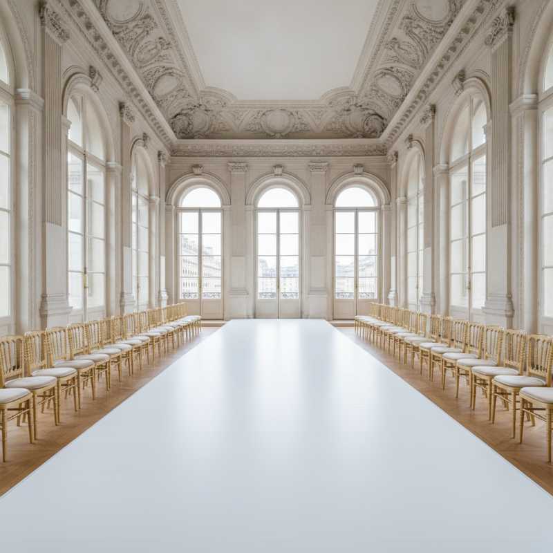 Empty haute couture runway in Paris with elegant seating and dramatic lighting before fashion show