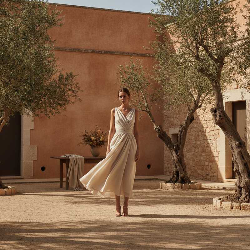 Ecru linnen jurk in rustieke Italiaanse masseria setting met olijfbomen en terracotta muren, quiet luxury zomer 2026 modetrend