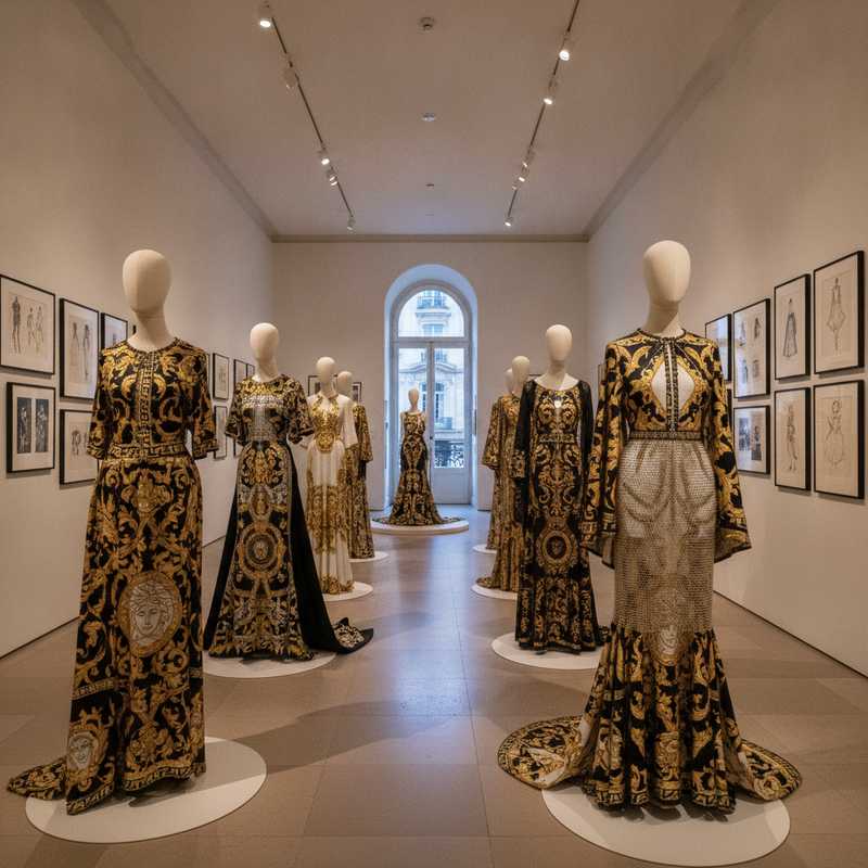 Museum exhibition displaying Gianni Versace haute couture gowns on mannequins with baroque prints and gold details in elegant gallery space