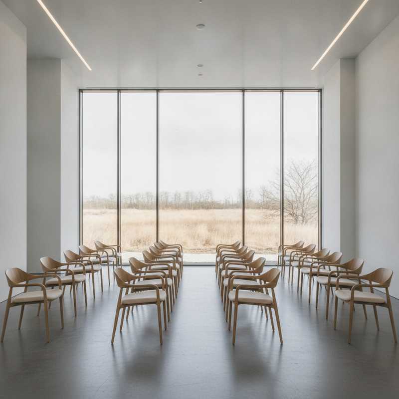 Lege luxe modeshow ruimte met ramen uitkijkend op droog landschap, symboliserend de stille periode in Nederlandse haute couture