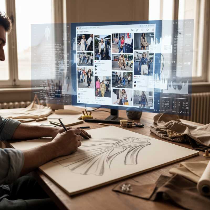 Fashion designer sketching detailed garment construction while social media analytics display on screen in background