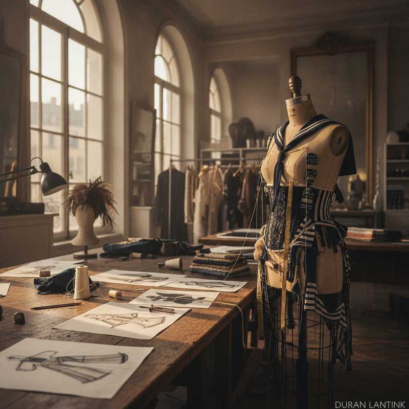 Haute couture atelier workspace met deconstructed designer pieces being reconstructed on dress form with natural light