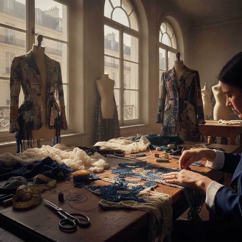 Haute couture atelier werkbank met gereconstrueerde luxe kledingstukken en ambachtelijk handwerk in Parijs
