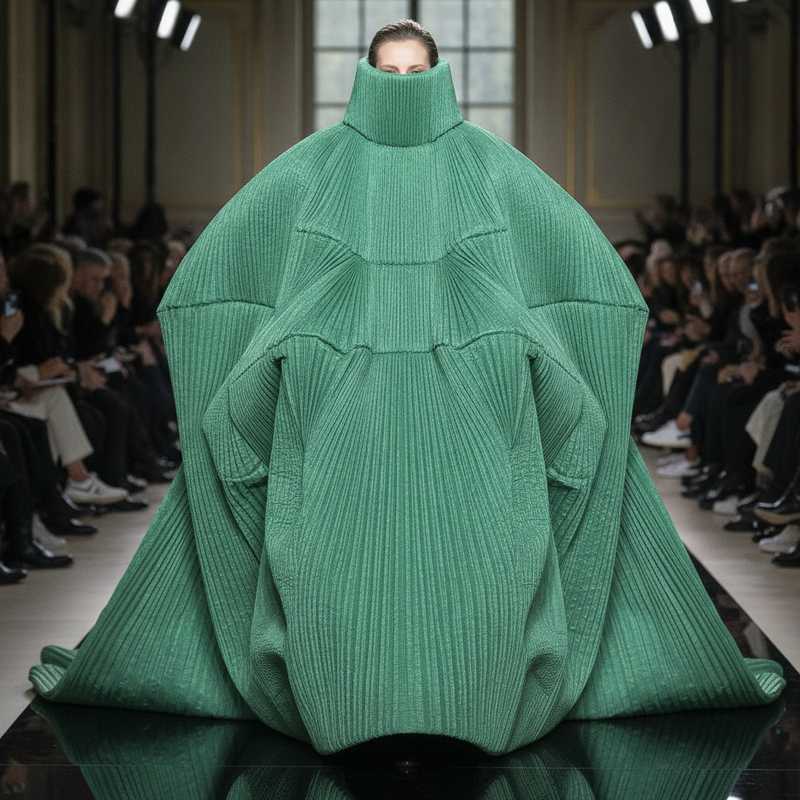 Model in sculptural pistachio green couture gown with geometric volume showing Neo-Gazar fabric construction at Balenciaga Fall 2026 haute couture show