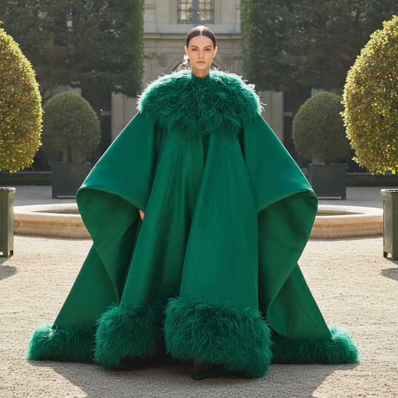 Model in sculptural groene trapezecreatie met veren en architecturaal volume tijdens Balenciaga Haute Couture show in Parijs