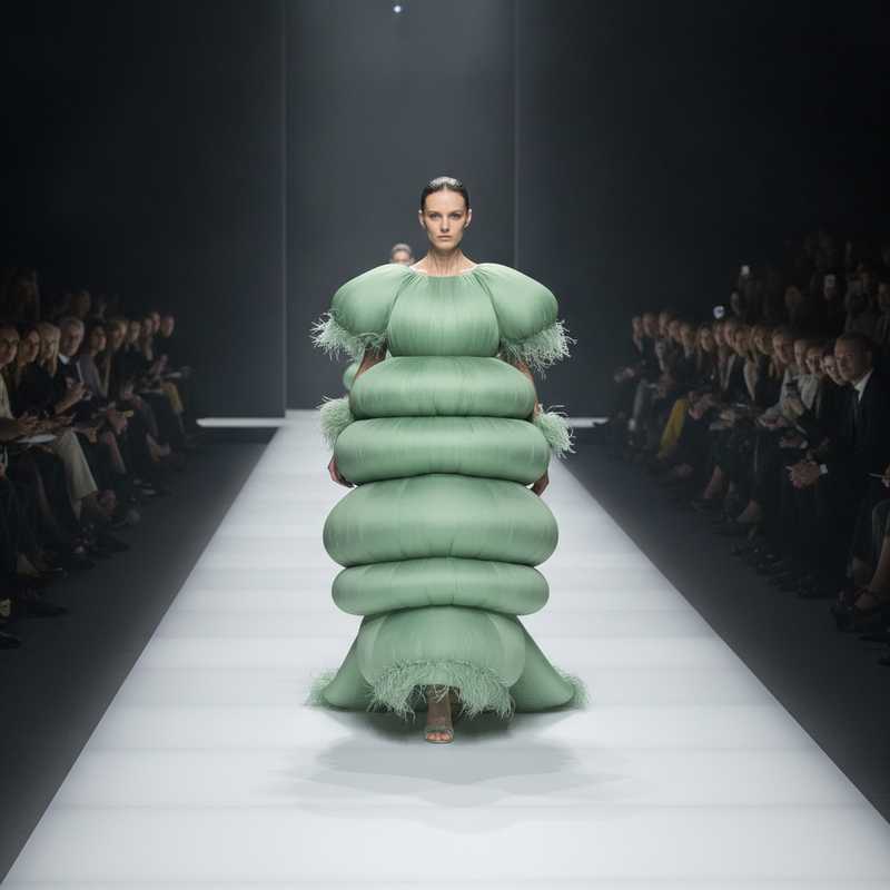Model in architectonische Balenciaga haute couture jurk met dramatische sculpturale volumes op verlichte runway tijdens Paris Fashion Week