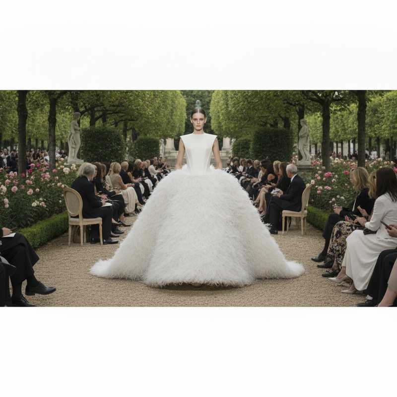 Model in sculpturale witte couture-jurk met veren en architecturaal volume tijdens Balenciaga haute couture show in buitenlocatie Parijs