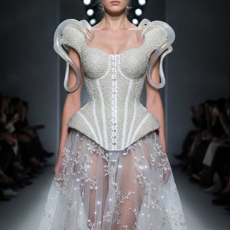 Model op Schiaparelli haute couture runway draagt wit siliconen corset bedekt met parels met anatomische sculptuur en transparante rok