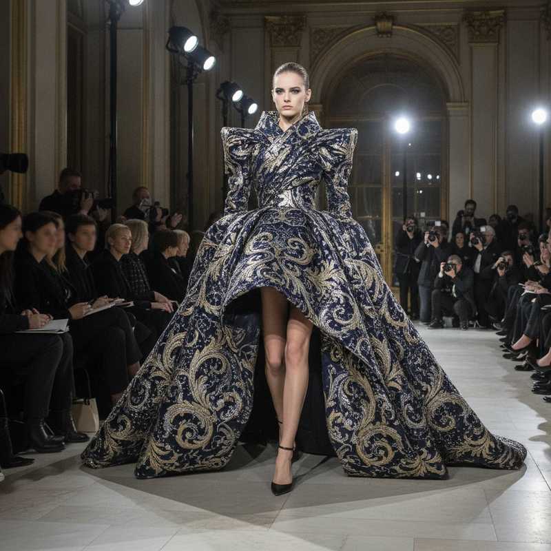 Haute couture runway show in Paris featuring elaborate hand-embroidered gown with dramatic draping and fashion industry audience