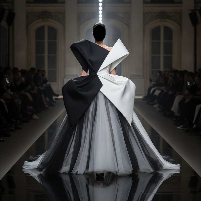 Sculpturale haute couture jurk met zwart-wit contrast en architectonische volumes op de catwalk in Parijs