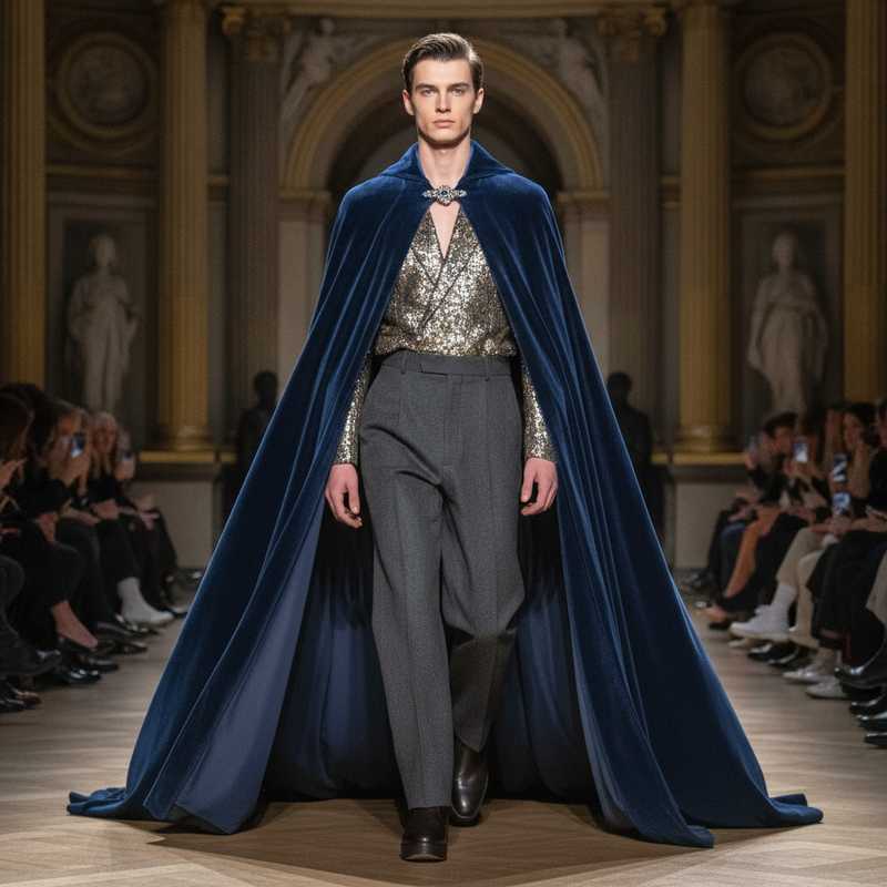 Male model in flowing cape and sequined jacket walking Dior menswear runway in Paris with classical architecture backdrop