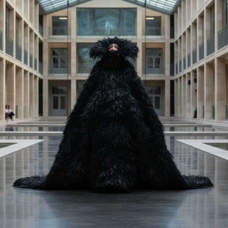 Monumental black feather cocoon haute couture gown from Pierpaolo Piccioli's debut Balenciaga collection shown at outdoor Paris venue