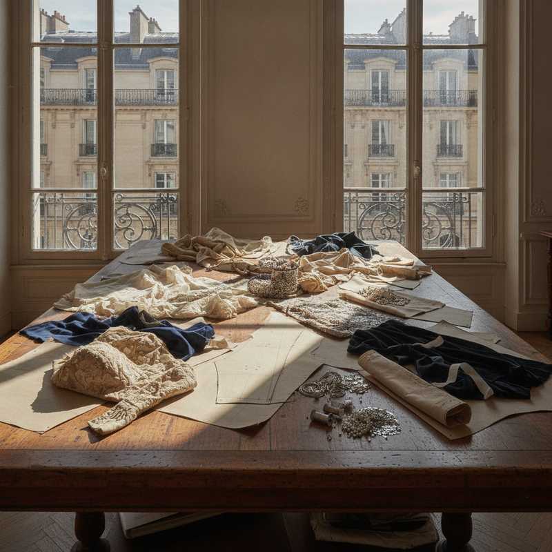 Haute couture atelier workspace met vintage stoffen en handwerk gereedschap die Duran Lantinks werkwijze symboliseren
