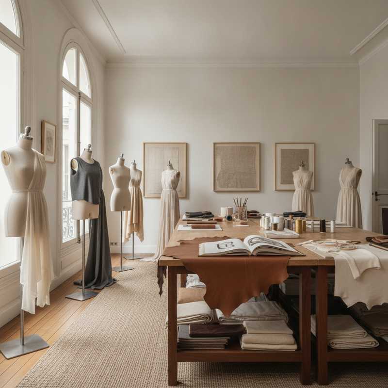 Elegant haute couture atelier interior with luxurious fabrics and materials representing Hermès entry into haute couture