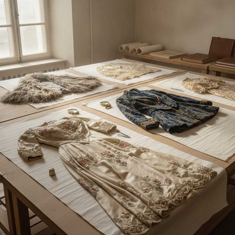 Vintage haute couture kledingstukken zorgvuldig bewaard in zuurvrij papier met zichtbare details van vakmanschap