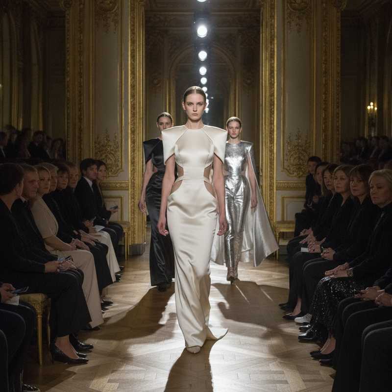 Haute couture runway show in ornate Parisian salon with model wearing minimalist futuristic white gown