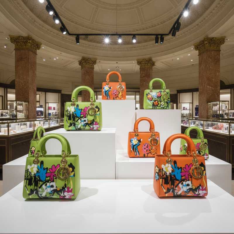 Display of lime green and orange Dior handbags with graffiti prints in luxury retail setting