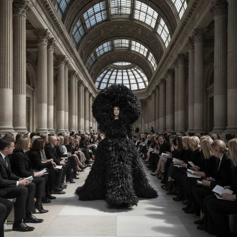 Model in dramatische zwarte veren­creatie op Balenciaga haute couture runway in Parijs met historische architectuur op achtergrond