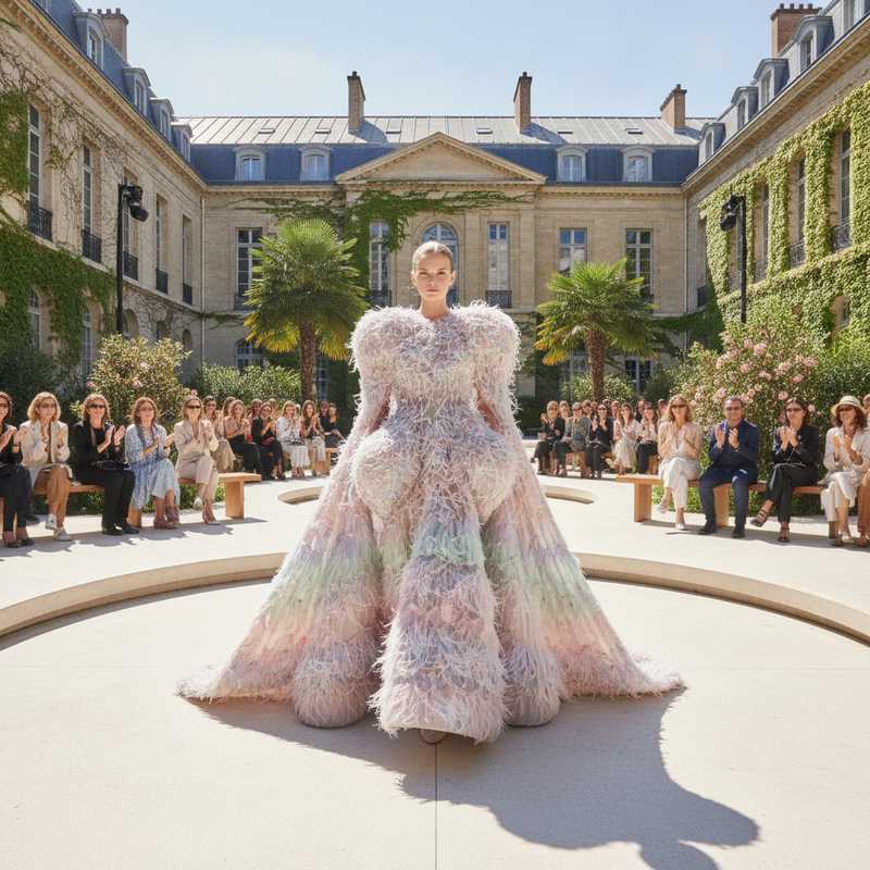Model in volumineuze cape-jurk met struisvogelveren op Balenciaga haute couture runway in Parijs tijdens Piccioli's eerste collectie