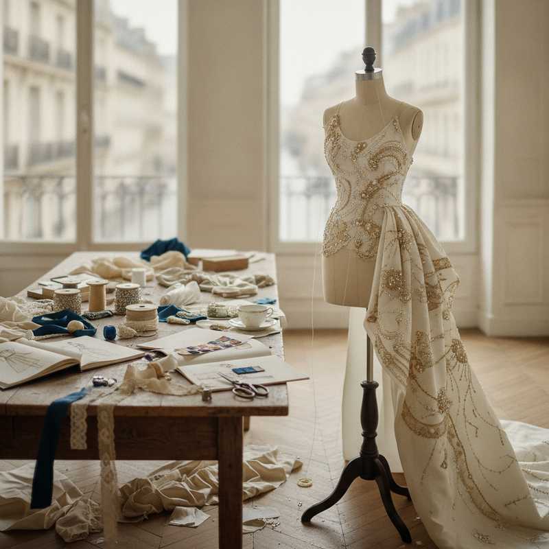 Haute couture atelier workspace with unfinished embroidered garment on dress form and design sketches