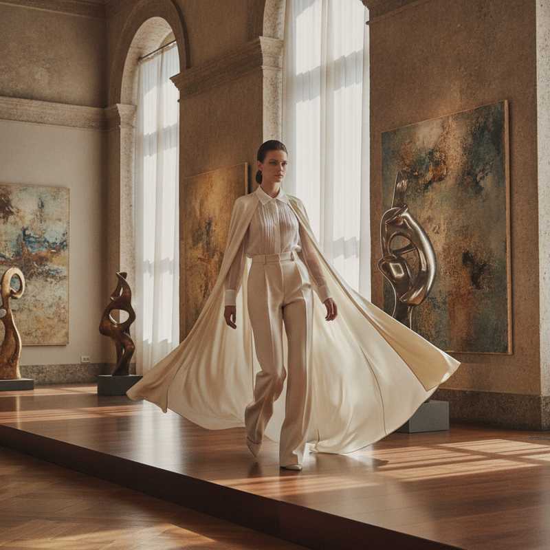 Model in vloeiende crèmekleurige cape en transparante blouse op de Fendi haute couture-catwalk in Galleria Nazionale d'Arte Moderna e Contemporanea, Rome