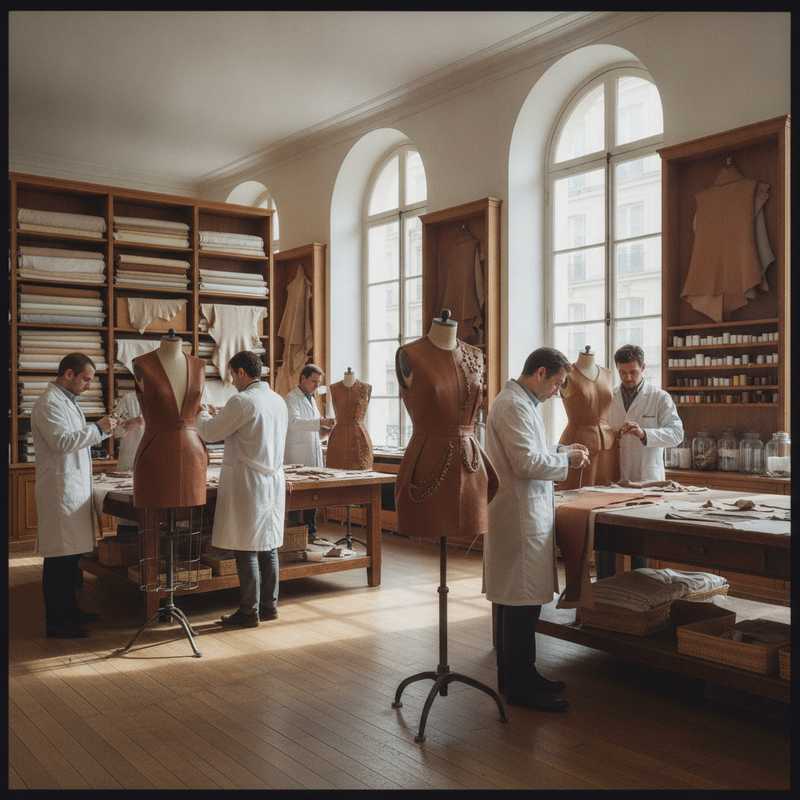 Haute couture atelier met kleermakers die werken aan leren kledingstukken op paspop, met zijde en leer op de achtergrond