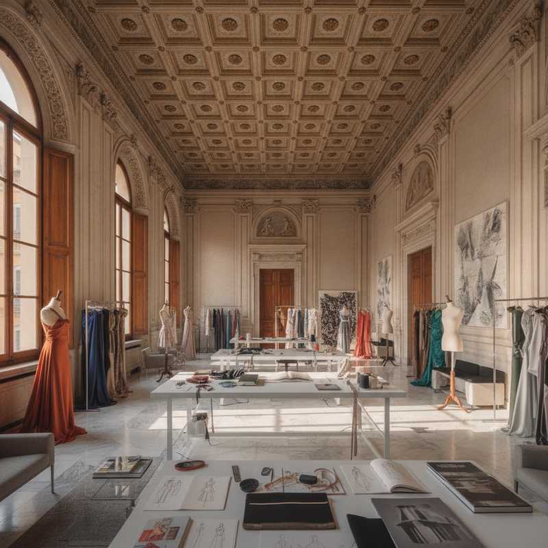 Interior of Maria Grazia Chiuri's Fendi couture studio in a neo-Renaissance palazzo in Rome with fashion design workspace
