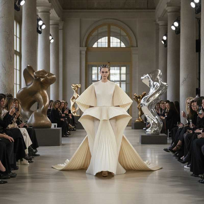 Model in architectonische geplooid Dior couture jurk naast abstracte sculpturen in museum setting