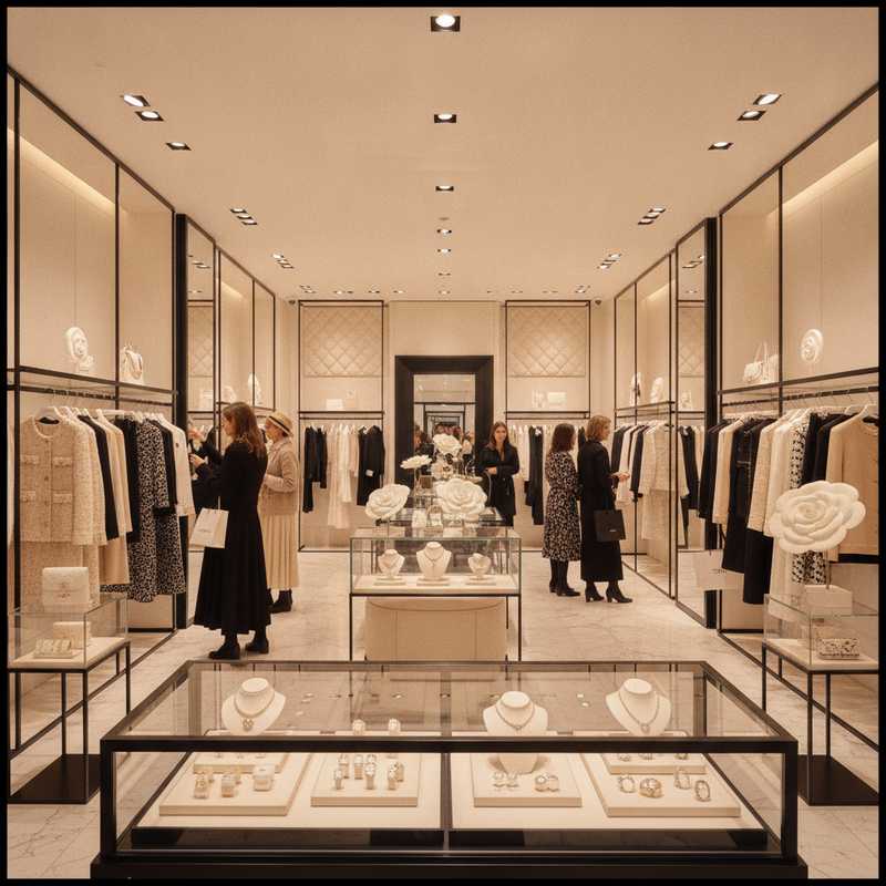 Interior of Chanel luxury boutique showing customers shopping ready-to-wear fashion and fine jewelry collections