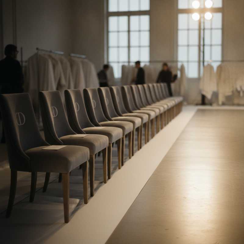 Empty front row seating at Dior haute couture show with elegant gray chairs and soft lighting