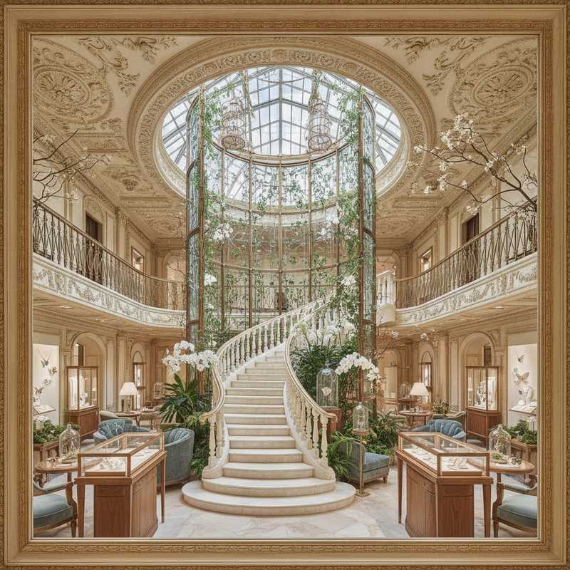 Luxueus interieur van Van Cleef & Arpels boetiek in Madrid met glazen atrium, parelmoerachtige trap en historische architecturale details