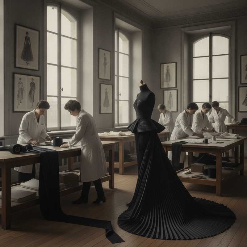 Dior haute couture atelier in Parijs met naaisters die werken aan sculpturale kledingstukken met architectonische volumes in gedempte rouwsfeer