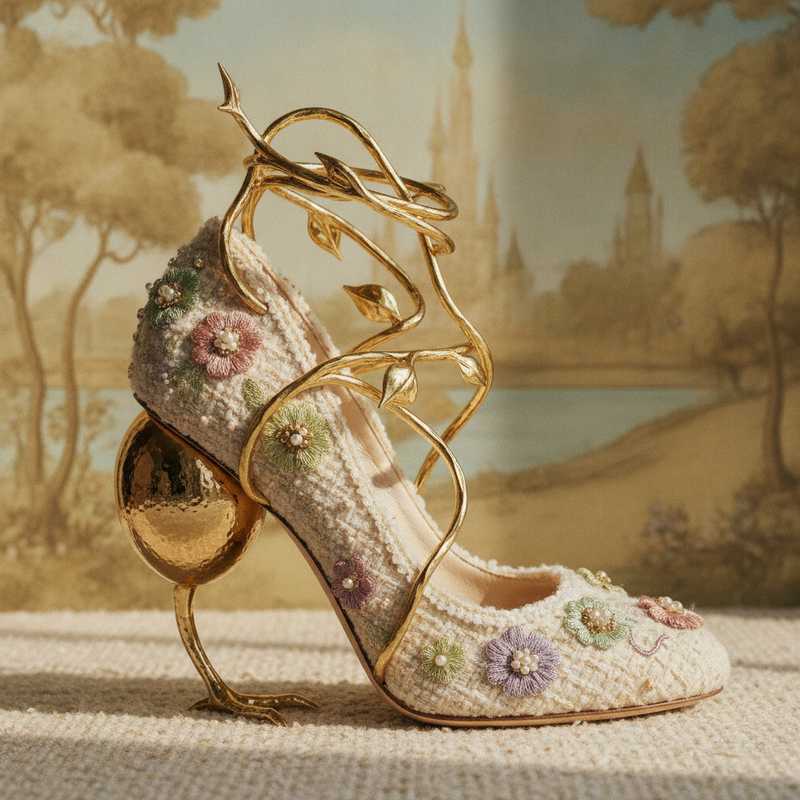 Close-up van Chanel haute couture schoen met gouden ei-vormige hak en decoratieve ranken uit de Fall Winter 2026 collectie