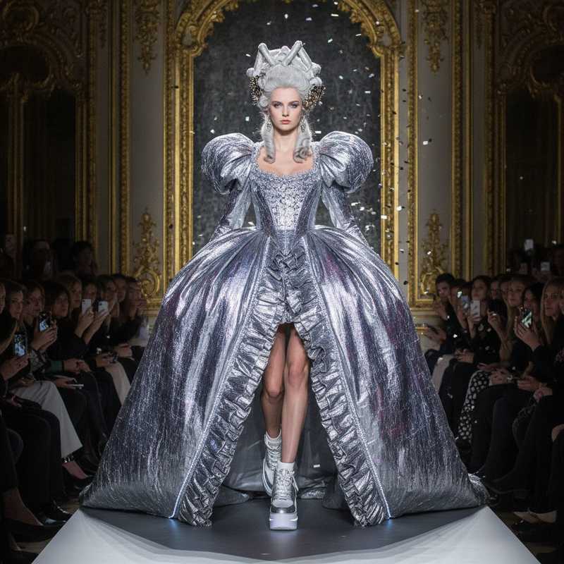 Model op catwalk draagt volumineuze couture-jurk met futuristische details en sneakers tijdens Jean Paul Gaultier show