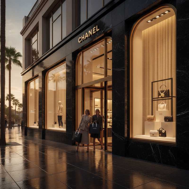 Chanel luxury boutique storefront with customers and window displays of designer handbags and accessories