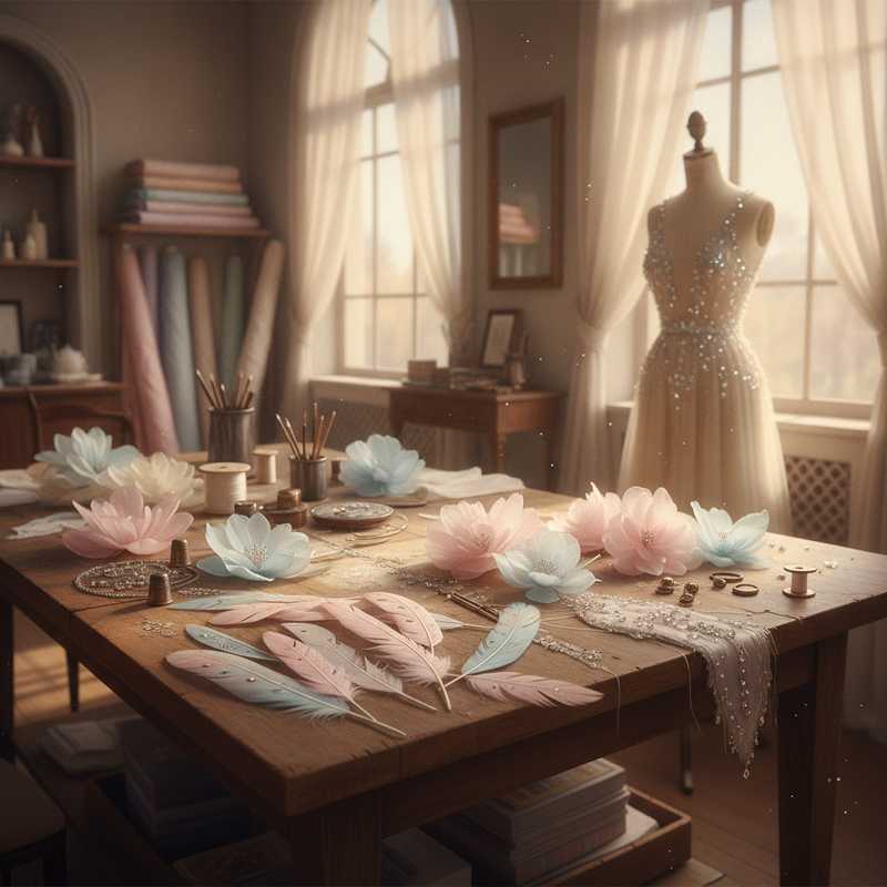 Haute couture atelier werkruimte met handbeschilderde veren en organza bloembladen op tafel