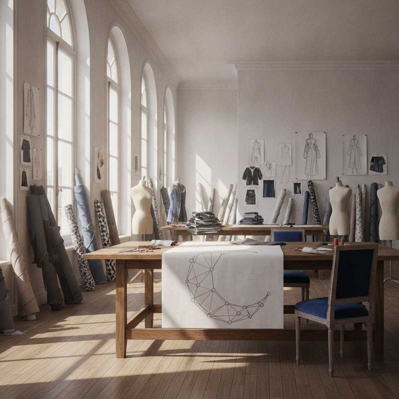 Fashion design studio with upcycled fabrics and moon motif sketches in natural light